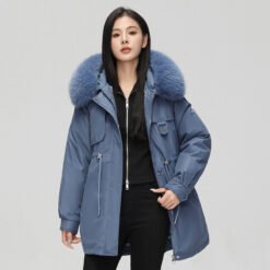 Mid-length Versatile Cotton Coat That Hits Below The Knee With A Fur-trimmed Collar - Haze Blue, 3XL
