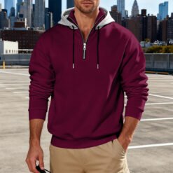Light-luxury Commuter-style Long-sleeve Hoodie With A Stand-up Collar - Wine Red, XL