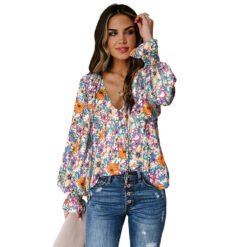 Shiying Autumn Lightweight Floral Chiffon Blouse With Long Sleeves - Light Blue, M