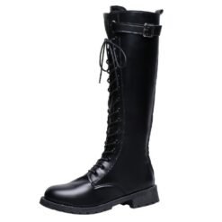 Womens Mid-heel High Boots With Laces And Buckles - Black, 35