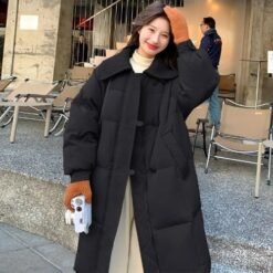 Womens Fashionable Knitted Long Cotton Coat With A Turn-Down Collar - Black, XL