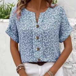 Womens Casual Plant-Print Jacquard Collar Short-Sleeve T-Shirt - JM72, 2XL