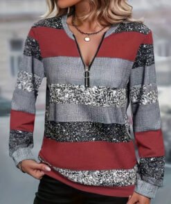 Womens FallWinter Crew-Neck Printed Loose-Fit Zip-Up Hoodie With Long Sleeves - NLW04347, 3XL