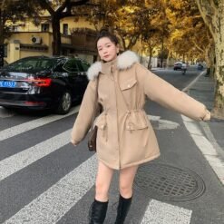 Womens Stylish Casual Loose-fitting Cotton-padded Coat - Khaki, L