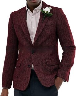 Mens Brown And Gray Herringbone Wool Suit Jacket - Wine Red, M