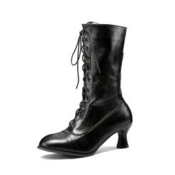 Cross-front Lace-up Low-heeled Womens Mid-calf Boots - Black, 47