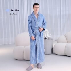 Extended Autumn And Winter Coral Fleece Bathrobe - Sea Blue, M