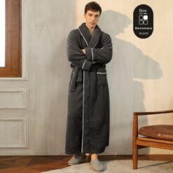 Autumn And Winter Thickened Cotton Velvet Nightgown Men's Winter Plus-sized Plus Size Light Luxury Couple Bathrobe Women's Extended Pajamas - 2102 Black And Gray Men, M