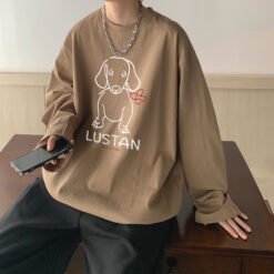 Cartoon Puppy Printed Long Sleeve T-shirt - Khaki, M