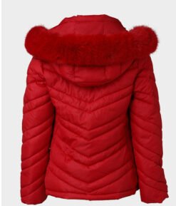 Cinched Hoodie With Fur Collar Short Jacket - Red, XL