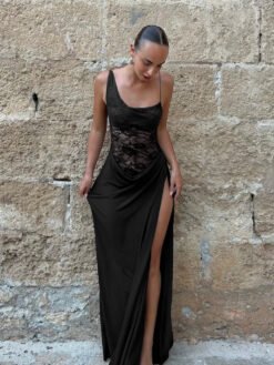 Sheer Lace Elegant Maxi Dress Women Sleeveless Backless Chic Evening Dress Off Shoulder Fashion Midi Dresses Slim Summer Dresses - Wind Red, M