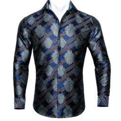 Barry.Wang Teal Paisley Floral Silk Shirts Men Autumn Long Sleeve Casual Flower Shirts For Men Designer Fit Dress Shirt BCY-05 - 2 Style, XL