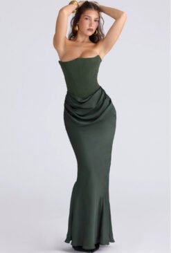 Slim Tube Top Long Dress Sexy Fashion Bandeau Backless Party Evening Dresses For Women Clothing - Dark green, M