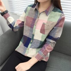 asual Plaid Women Blouses Kimono Vintage Linen Cotton Long Sleeve Blouse Female Shirts Tops - 1, S
