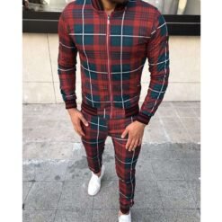 New Men's Leisure Suits Tracksuits Men Grid Two-piece Patchwork Zipper Tracksuits Small leg Trouser Sportswear New Man Sets - Red, L