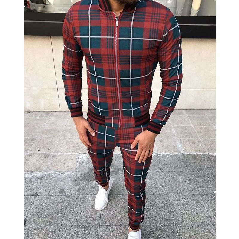 New Men's Leisure Suits Tracksuits Men Grid Two-piece Patchwork Zipper Tracksuits Small leg Trouser Sportswear New Man Sets - Image 6