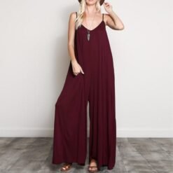 Summer Women Sexy V Neck Long Jumpsuits Casual Loose Rompers Overalls Wide Leg Mono Bodysuit Playsuits Plus Size 5XL - Wine Red, 5XL