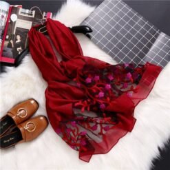 new brand women scarf fashion hollow Embroidery silk scarves lady shawls and wraps spring summer sunscreen beach stoles - Red