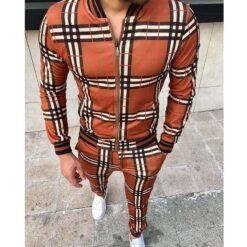 New Men's Leisure Suits Tracksuits Men Grid Two-piece Patchwork Zipper Tracksuits Small leg Trouser Sportswear New Man Sets - Orange, L