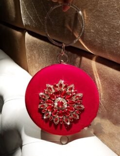 LOLIBOX Women Bags Women Evening Clutch Bags Velvet Diamond Ring Handbags Small Round Clutch Bag Day Party Clutches Purses - Red