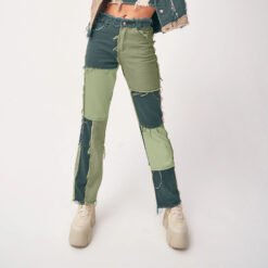 High Elastic Stitching Raw Edge Women's Straight-leg Jeans - Green, XS