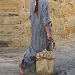 Women Long Striped Casual Loose Maxi Dresses - Grey, 2XL