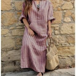 Women Long Striped Casual Loose Maxi Dresses - Red, 2XL