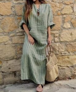 Women Long Striped Casual Loose Maxi Dresses - Green, 5XL