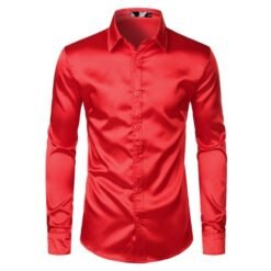 Mens Black Satin Dress Shirts - Red, 2XL