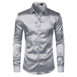 Mens Black Satin Dress Shirts - Silver, L