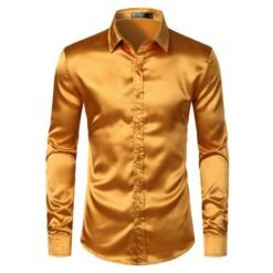 Mens Black Satin Dress Shirts - Gold, XL