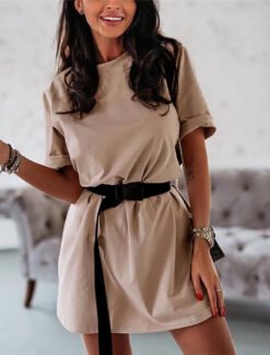 Fashion Loose Belts Ladies Dress Women Short Sleeves Shirt - Khaki, S