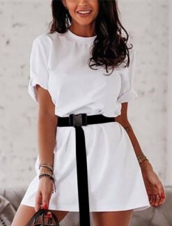 Fashion Loose Belts Ladies Dress Women Short Sleeves Shirt - White, 2XL