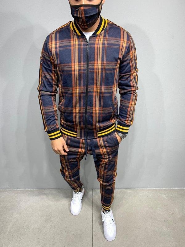 New Men's Leisure Suits Tracksuits Men Grid Two-piece Patchwork Zipper Tracksuits Small leg Trouser Sportswear New Man Sets - Image 5
