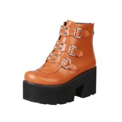 Rivet belt buckle zipper ankle boots - Brown, 42