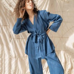 Cotton Linen Women Pajama Robe Sets Lace Up Long Sleeve 2 - Blue, M