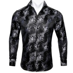 Barry.Wang Teal Paisley Floral Silk Shirts Men Autumn Long Sleeve Casual Flower Shirts For Men Designer Fit Dress Shirt BCY-05 - 15 Style, 2XL