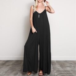 Summer Women Sexy V Neck Long Jumpsuits Casual Loose Rompers Overalls Wide Leg Mono Bodysuit Playsuits Plus Size 5XL - Black, 3XL