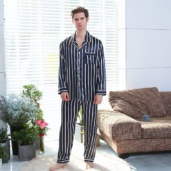 Fall men's simulated silk stripe pajamas men - Blue stripes, XL