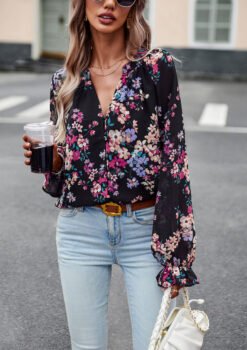 Women's Tops Casual Floral Print V Neck Long Sleeve Shirts Loose Chiffon Blouses Shirts Tops - Black, L