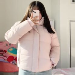 Detachable Hat Short Loose Cotton Coat Women - Pink, S