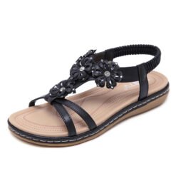 Sandals seaside rhinestone flower flats - Black, 38
