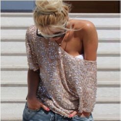 New Fashion Women Sexy Loose Off Shoulder Sequin Glitter Blouses Summer Casual Shirts Vintage Streetwear Party Tops - Golden, M