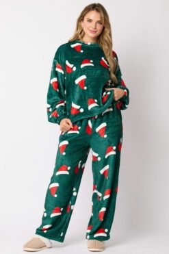Casual Flannel Pajama Sets For Women 2 Piece Cute Long Sleeve Matching Lounge Shirts Sets Santa Claus Pajamas Homewear - Dark Green Christmas Hat, M
