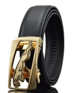 Men Automatic Buckle Leather Belts - Gold Buckle, Tiger