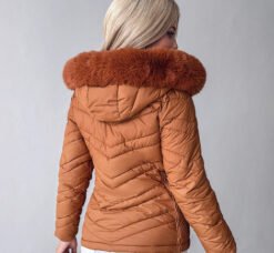 Cinched Hoodie With Fur Collar Short Jacket - Brown, XL