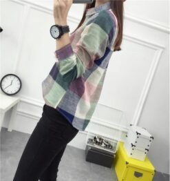 Alternative view of asual Plaid Women Blouses Kimono Vintage Linen Cotton Long Sleeve Blouse Female Shirts Tops