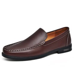 Cowhide Loafers Men's British Business Dress Slip-on Hollowed-out Breathable Leather Shoes - Brown, 40