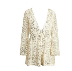 lace jumpsuits rompers Women deep v long sleeve shorts - White, L