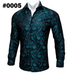 Barry.Wang Teal Paisley Floral Silk Shirts Men Autumn Long Sleeve Casual Flower Shirts For Men Designer Fit Dress Shirt BCY-05 - 3 Style, XL